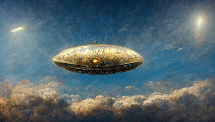 Fototapeta na wymiar A shiny airship is traveling in the sky cloudscape illustration.