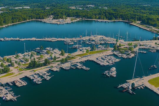 Aerial view of Traverse city marina in Michigan with several boats docked. Generative AI
