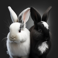 Two rabbits, black and white on a dark background, generative ai.