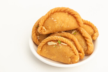 Gujia Also Called Gujiya, Pirukiya, Pirukia, Pedakiya, Karanji, Basundi Or Gughra Stuffed With Mawa, Khoya, Chasni, Mava, Khoa - Indian Sweet Dumpling Enjoyed On Deepawali, Teez, Holi, Diwali And Teej