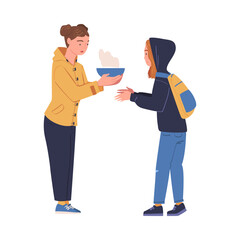 Volunteer giving food to refugee or homeless woman. Humanitarian aid help organisation helping refugees and migrants vector illustration