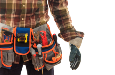 Worker with hand tool belt isolated on transparent background. PNG