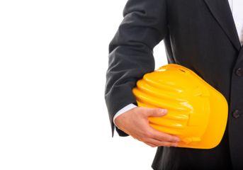 Man in suit holding a yellow hardhat isolated on transparent background. Contractor, construction Engineer with helmet. PNG