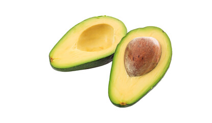 Avocado on transparent background. Two halves, cut fresh avocado. PNG