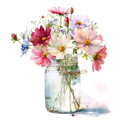 Flowers watercolor painting, glass jar with garden flowers and leaves, greeting card, invitation, poster, wedding decoration and other images. Generative AI
