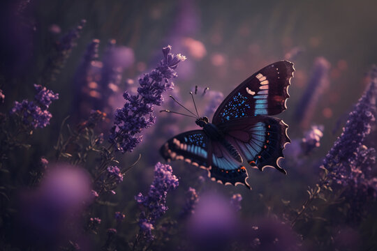 A purple butterfly flying over a field of purple flowers Generative AI