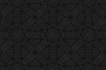 Embossed black background, cover design. Geometric exotic 3D pattern, press paper, leather. Ornaments of the East, Asia, India, Mexico, Aztecs, Peru. Ethnic boho motifs.