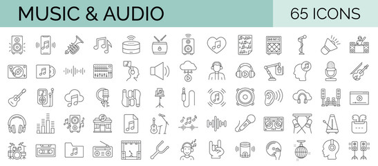 Set of 65 line editable stroke icons related to music, audio, instruments, sound. Vector illustration. Outline icon collection