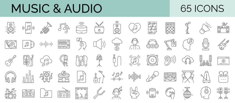 Set of 65 line editable stroke icons related to music, audio, instruments, sound. Vector illustration. Outline icon collection