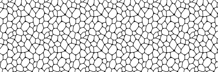 Black and white geometric seamless patterns vector. Irregular voronoi shapes repeated backdrop for web tiles, science and interior designs. line polygonal cells template wallpaper.
