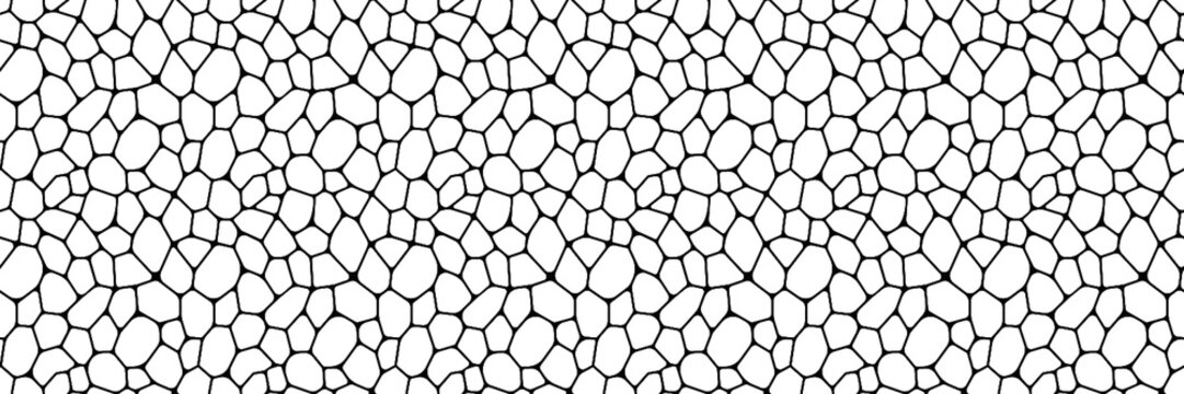 Black and white geometric seamless patterns vector. Irregular voronoi shapes repeated backdrop for web tiles, science and interior designs. line polygonal cells template wallpaper.