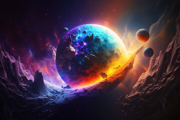 Vibrant hues of fantasy planets are visible from the rocky surface of a planet. A large celestial body is shine and coloring space in rainbow colors. Fantasy Galaxy background. Generative Ai.