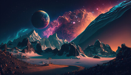 Fantasy cosmic landscape. View of a alien planet and cloudy colorful nebulas in space a from a rocky snowy valley with red sand against the background of the mountain. Generative Ai.
