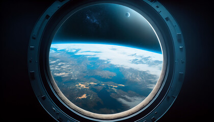 A view of a planet from the porthole window of a starship. The planet's surface is illuminated with a vibrant blue light, surrounded by the vastness of space. Generative AI.