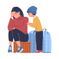 Refugee people need help. Stressed mom and her little son sitting on suitcases. Refugee problems, homeless people vector illustration