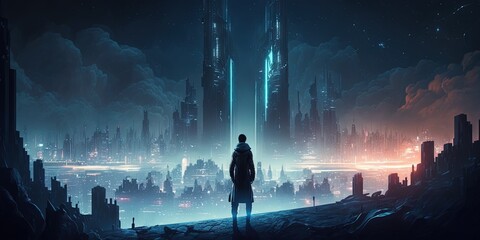 of the nocturnal city landscape of cyber punk. The scene is dark but lit. evening life. 5g technology network. Beyond generation and sci fi futuristic capital metropolis and construction scenario