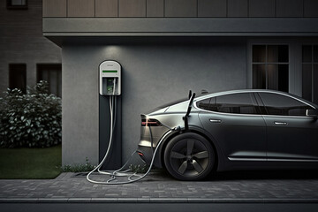 Fototapeta na wymiar Electric car charging station design concept. Renewable green energy. Ai generated