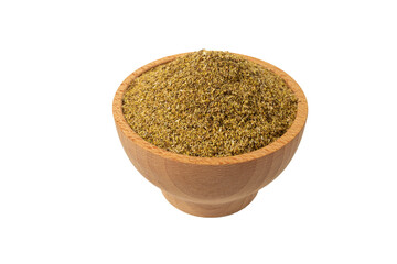 dried common chamomile flowers in latin - Matricaria chamomilla in wooden bowl isolated on white background. Medicinal herb.