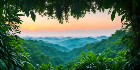 Fototapeta premium Wallpaper with a tropical landscape at sunrise. Jungle with mountains, palms, trees and other wild plants. Sky with clouds and rising sun. Rainforest illustration. Pristine nature. Generative AI