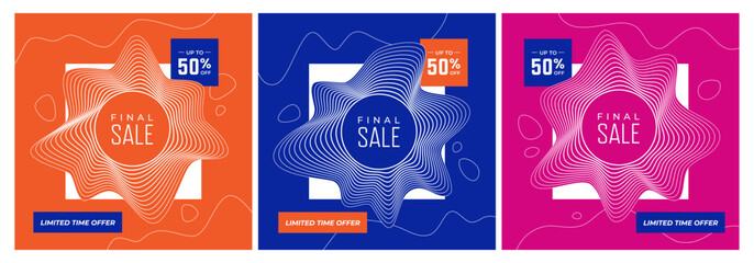Three square sale banners for social media. Design templates with abstract wavy linear shapes.
