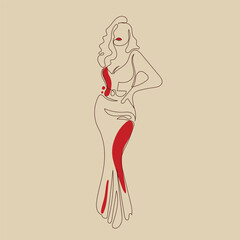 Sexy girl wearing long, evening dress. One line drawing style. Woman in elegant dress standing pose. Fashion hand drawn vector illustration.