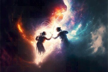 Fototapeta premium Two soulmates meet each other in space created with Generative AI 