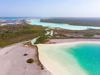 Aerial landscape of the pirate channel in Bacalar Quintana roo, Mexico. Lagoon of seven colors from the sky