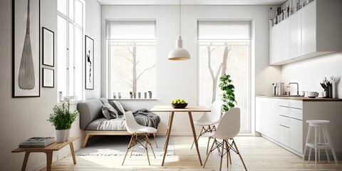 Contemporary minimalist style interior design of light studio apartment with wooden table and chairs in dining zone between open kitchen and living room with white walls and parquet floor. Generative