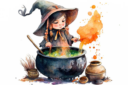 Cute little girl witch with cauldron watercolor, Generative AI