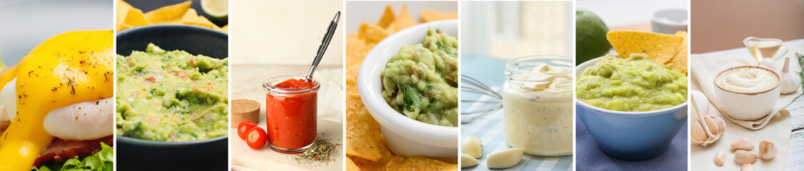 Set of delicious sauces on table