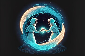 Two soulmates meet each other in space. Flat illustration. Created with Generative AI 