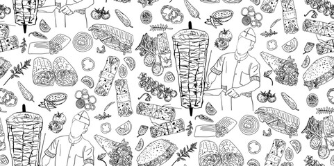 Shawarma Kebab pattern fast food. Seamless pattern. Concept of doner kebab, street food, barbecue, cuisine. Vintage design template, banner. Fresh vegetables. Vector hand drawn sketch illustration.