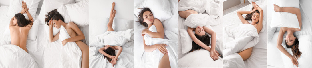 Collage of naked woman sleeping in bed at home