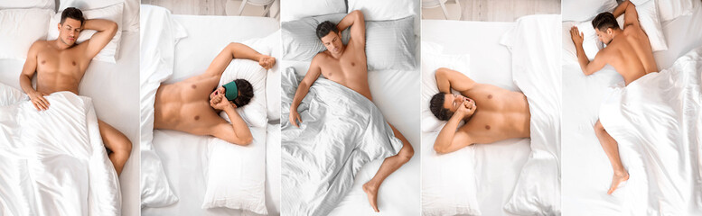 Collage of naked man sleeping in bed, top view