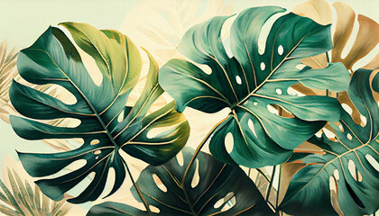 Monstera leaves drawing on beige background. Generative AI