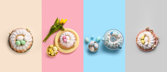 Collage of tasty Easter cakes and painted eggs on color background