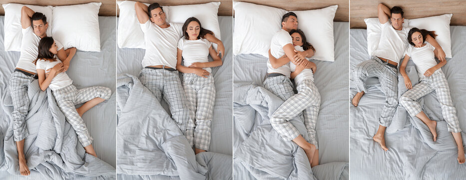 Collage of young couple sleeping in bed, top view
