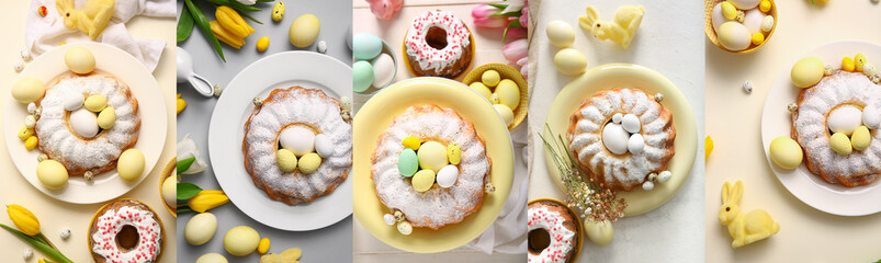 Set of tasty Easter cakes with painted eggs and bunnies, top view