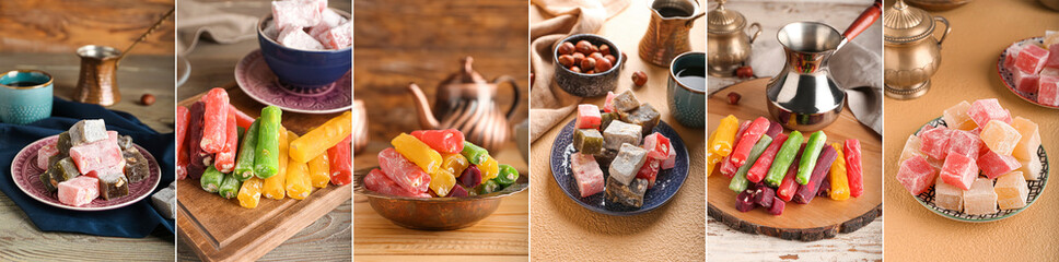 Set of tasty Turkish delight with coffee on table