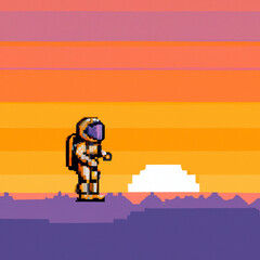 astronaut on sunset background illustration in pixel style generative AI 