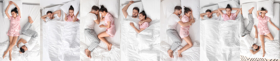 Collage of young couple sleeping in bed, top view