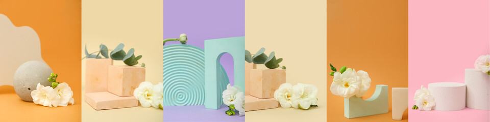 Collage of empty podiums with frezia flowers on color background
