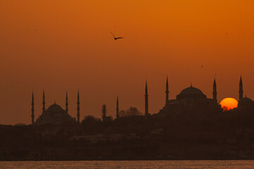Obraz premium Blue (Sultanahmet) Mosque and Hagia Sophia (Ayasofya) Mosque Drone Photo, Fatih Istanbul, Turkey