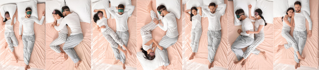 Collection of young couple sleeping in bed, top view