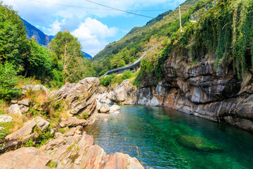 View of the Verzasca river in Lavertezzo, Verzasca Valley, Ticino Canton, Switzerland