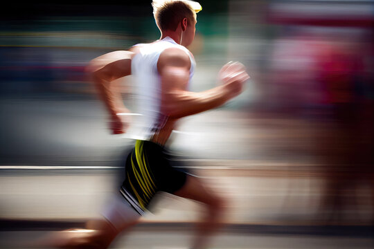 Side view of athletic runner with motion blur on city street. Generative AI