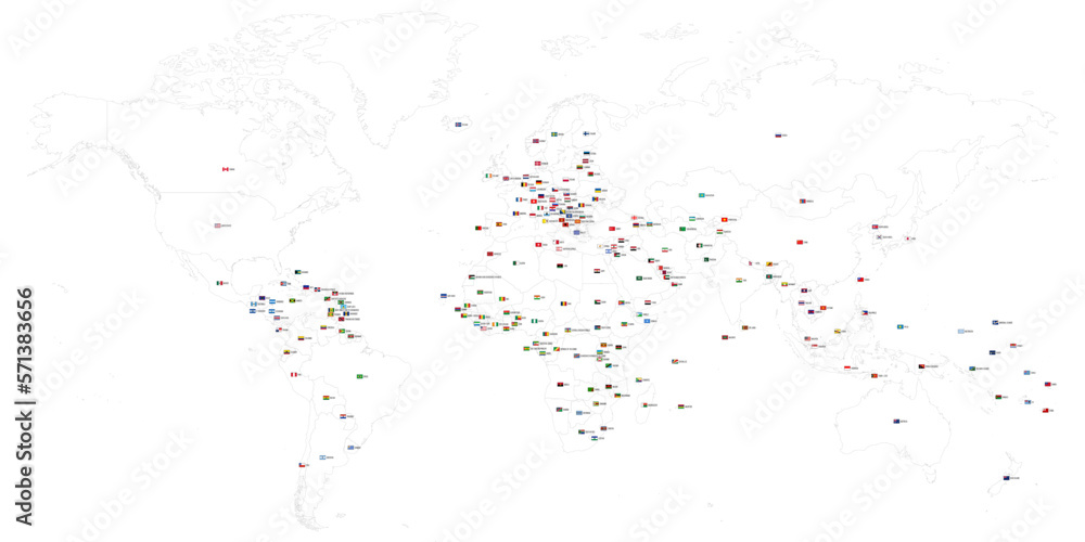 Poster map of world with flags. each sovereign country with own name label and national flag in uniform rat
