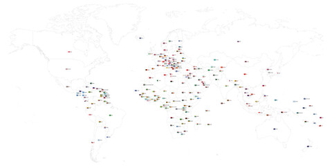 Map of World with flags. Each sovereign country with own name label and national flag in uniform ratio. Vector map with thin black outline borders.