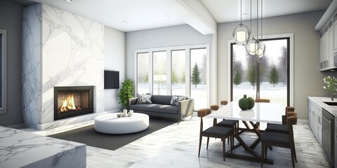 contemporary living room with open concept view through to dining room kitchen and a marble fireplace with gas fire. Generative AI