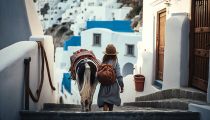 A small girl walking on Santorini island with a donkey